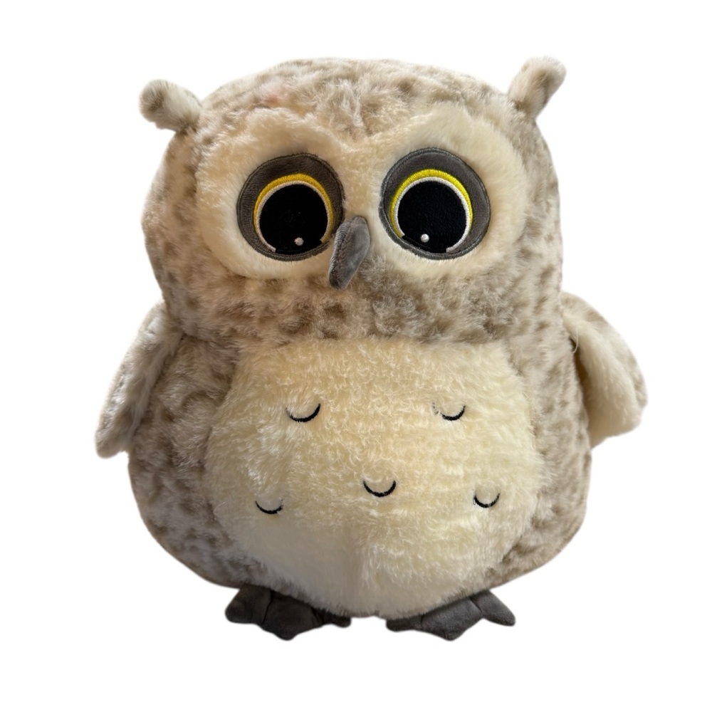 14” plush owl stuffed animal soft round cuddly toy tan cream